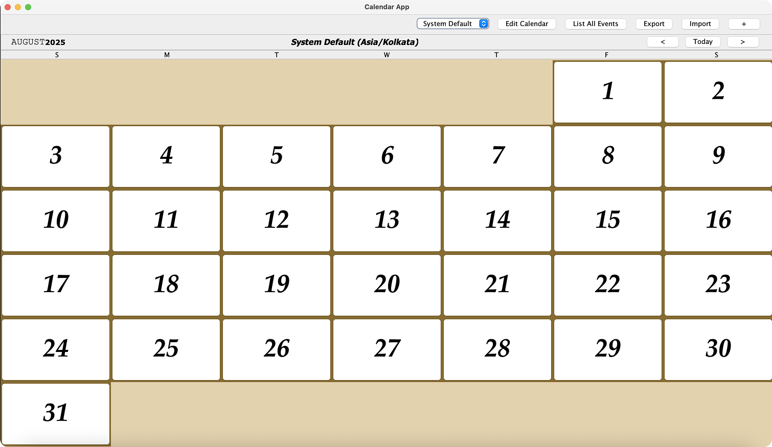 Desktop Calendar Application showing monthly view with event management interface