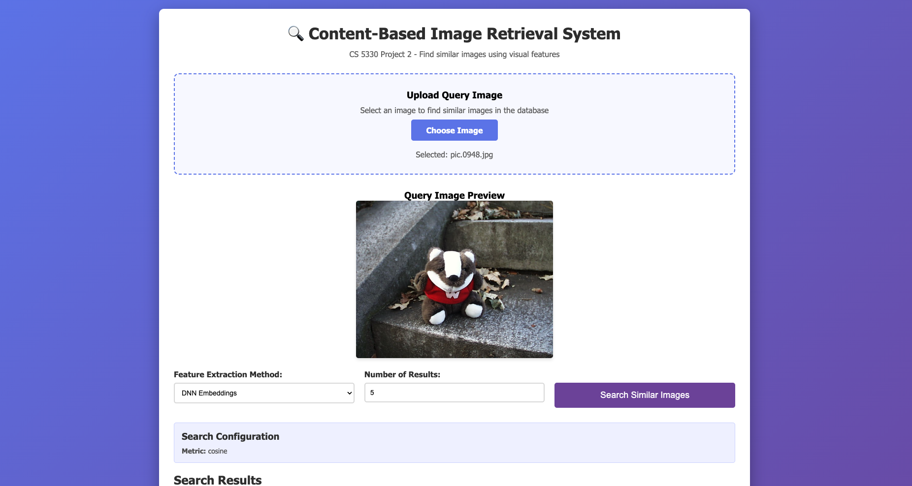 CBIR Web Interface - upload view