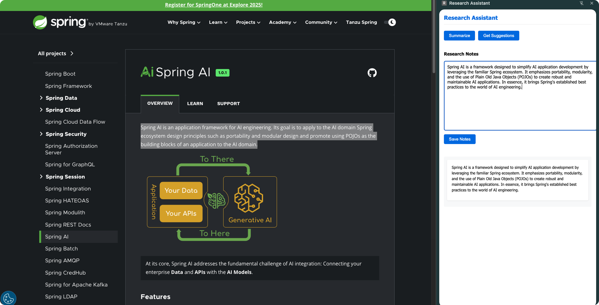 AI Research Assistant Chrome Extension interface showing research summary features